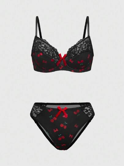 Kawaii Cherry Pattern Lace Underwire Bra And G-String Lingerie Set