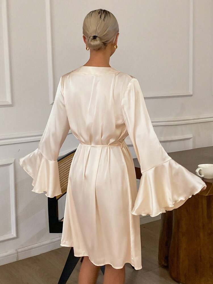 Satin & Lace Patchwork Ruffle Sleeve Women's Bathrobe, Fall Pajama, Winter