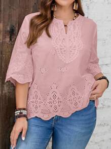EMERY ROSE Blouse ample en couleur unie brodée et ajourée, style décontracté pour l'été