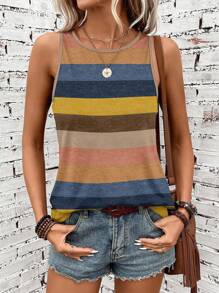 SHEIN LUNE Casual Striped Pattern Round Neck Women Tank Top, Suitable For Summer Women Tank Tops Summer Back To School - Multicolor - View 2