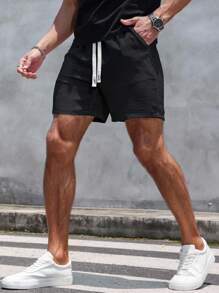 Manfinity Homme Men's Drawstring Waist Pockets Relaxed Casual Cool Ice Silk Linen-Like Shorts Men Shorts Summer Men Capri Short Drawstring Sumwon Black Shorts - Black - View 3
