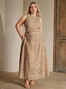 Anewsta 大码女式两件套优雅刺绣无袖上衣和裙子 - 卡其色 - 查看 7