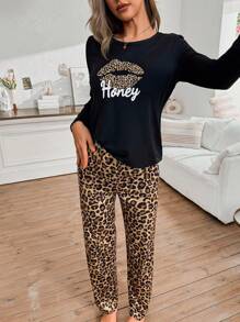 Women Casual Leopard Lip Print Long Sleeve Top And Long Pants Pajamas Set, Fall Winter Clothes Cozy And Elegant Details