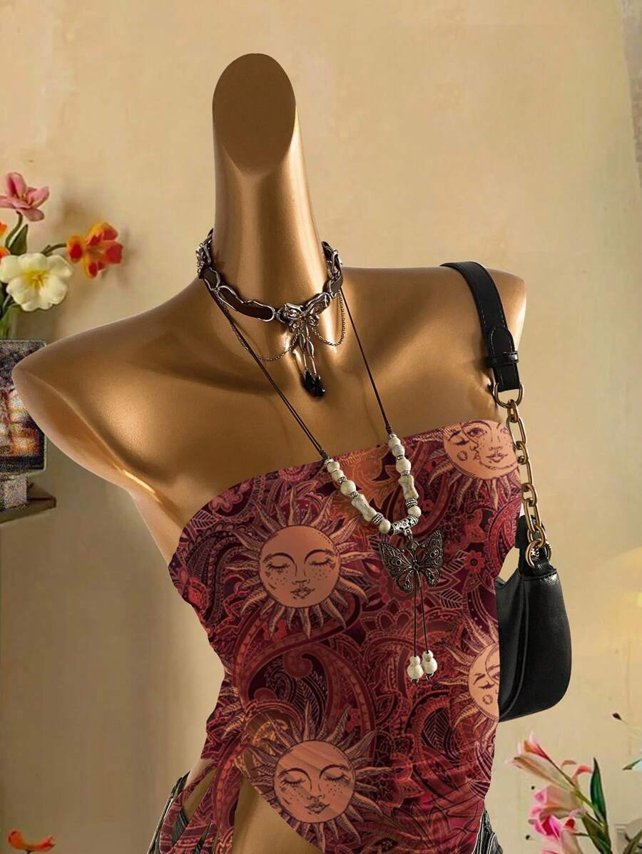 Attitoon Red Sun God Inspired, Bohemian Style, Fall Women's Clothing, Western Influence, Punk Rock Inspired, Y2K Punk Aesthetic, Music Festival Fashion, Boho, Beach Style, Summer Miami Girl Vibe, Women's Ruched Tie Front Crop Top Celestial Dress Boho Sun Dress Witchy Clothes Boho Hippie Clothes For Women,Back To School Goth Suitable For Going Out - Multicolor - View 1