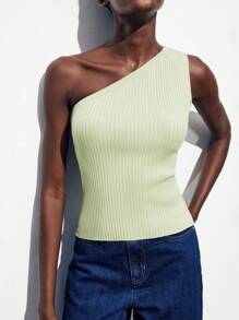 Maija Women's Solid Color Ribbed Sleeveless Casual Knit Top Asymmetrical Neck Top One Sleeve Top Ribbed Top Summer Tops,Vacation,Fall - Green - View 6
