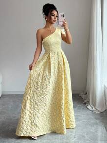 Elenzga Váy vải Jacquard dáng xòe cổ không đối xứng màu kem lãng mạn thanh lịch dành cho nữ - Butter Yellow - Xem 1