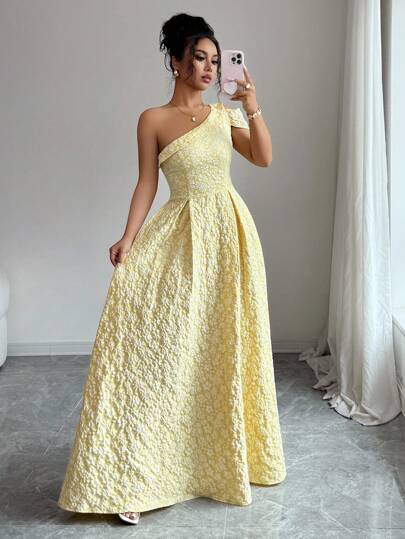 Elenzga 优雅浪漫奶油色不对称领口修身喇叭提花面料女式连衣裙