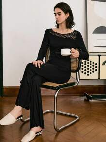 Lace Patchwork Mature Elegant Minimalist French Style Women Pajama Set, Fall Clothes - Black - View 1