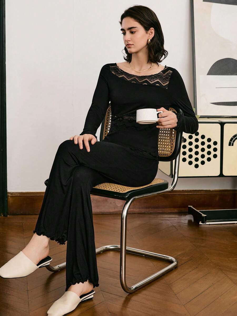 Lace Patchwork Mature Elegant Minimalist French Style Women Pajama Set, Fall Clothes - Black - View 1