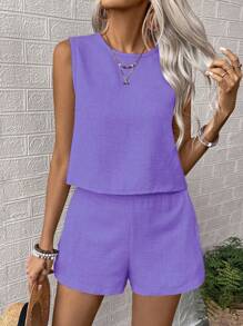 SHEIN PETITE 2 Pieces Set Women Sleeveless Round Neck Solid Color Top And Shorts, Fashionable For Summer - Purple - View 6