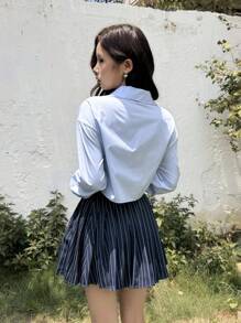 SHEIN 少女蓝色条纹百褶裙和百搭衬衫两件套校服套装 - 藍色 - 查看 2