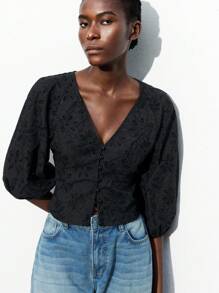 Maija Damska bluzka z dekoltem w serek, guzikami z przodu, w swobodnym stylu na wakacje na plaży, z kwiatowym haftem, z wyciętymi rękawami typu latarnia, odpowiednia na hawajskie festiwale muzyki country, wakacje