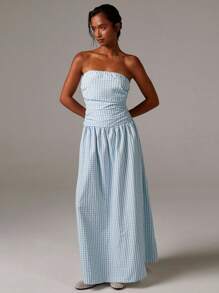 Athîral 女式度假风格图案印花褶皱紧身加长抹胸连衣裙，夏季 - 藍色 - 查看 2