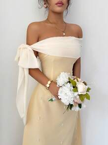 Modelyn 女士撞色露肩扭纹设计优雅中长款拼接连衣裙