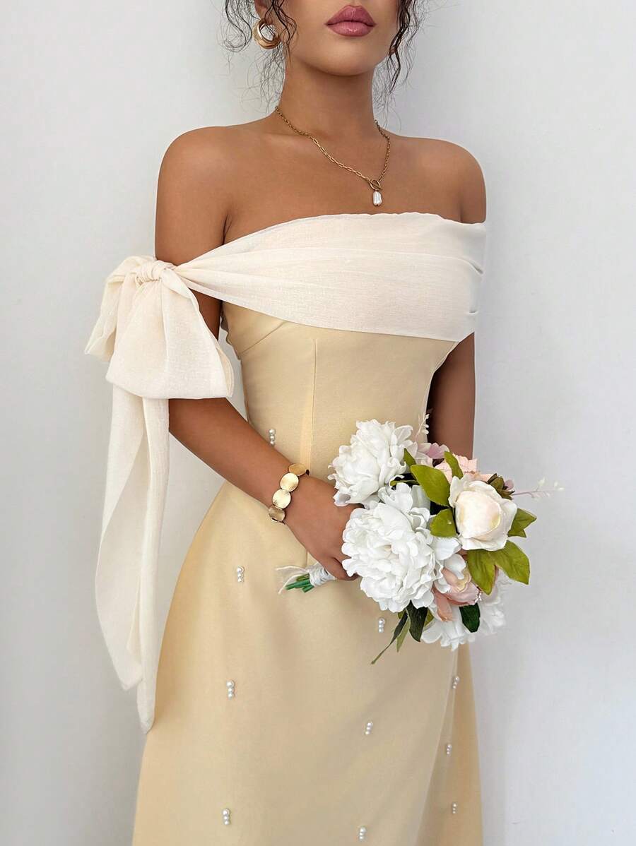 Modelyn 女士撞色露肩扭纹设计优雅中长款拼接连衣裙