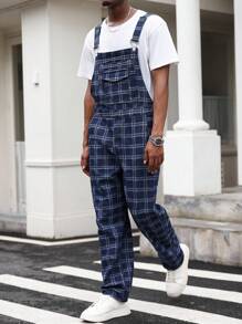 Manfinity Homme Men's Plaid Denim Bib & Brace Overalls, High-Quality Korean Style With Pockets, Straight Leg