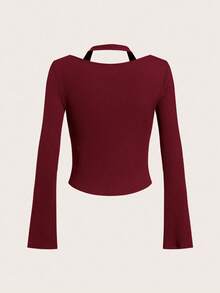 SHEIN EZwear 女士秋冬Y2K罗纹针织二合一喇叭长袖上衣镂空长袖露脐上衣，红色上衣 - 酒紅色 - 查看 3