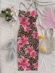 Tween Girl Casual Daily Vacation Leopard Print & Pink Lily Flower Floral Print Fitted Dress - Pink - View 5