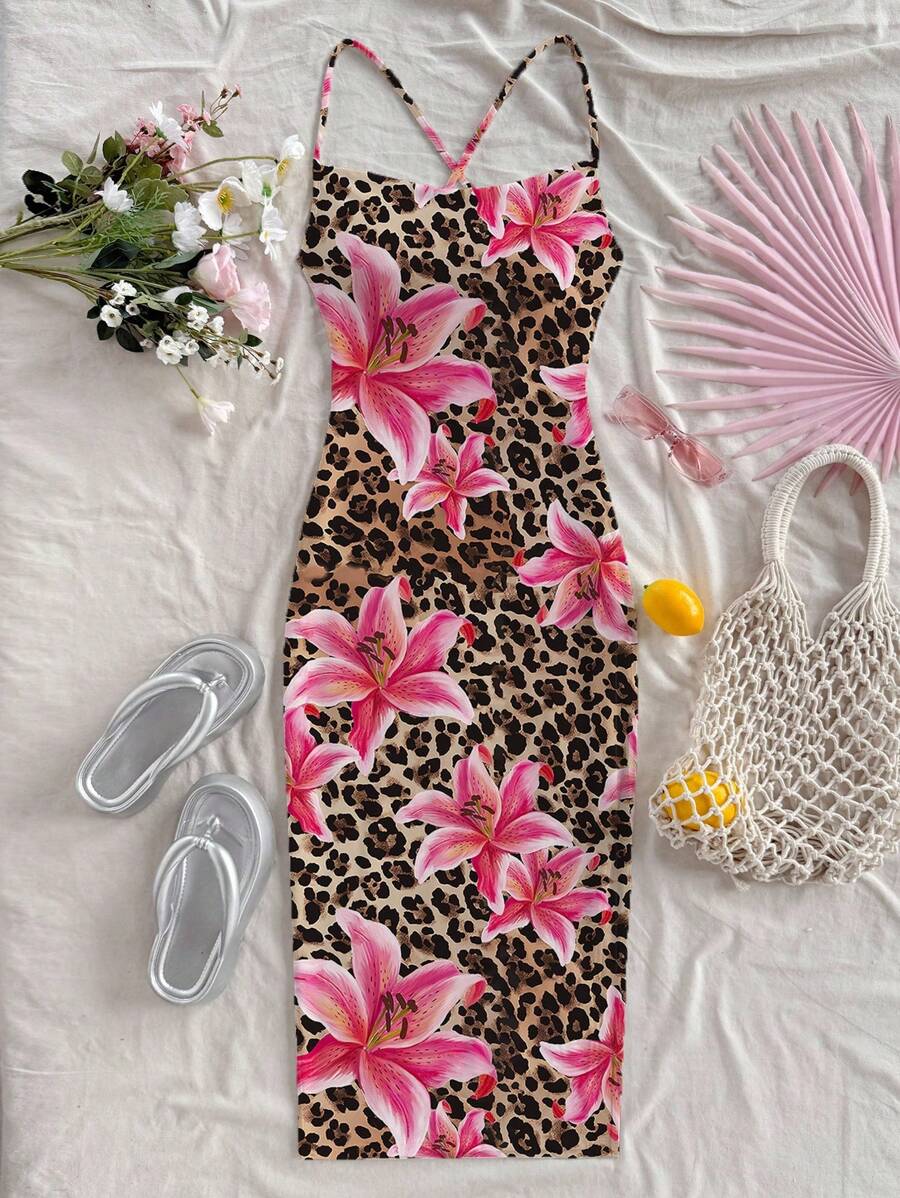 Soleia Plus Size Women Romantic Leopard Floral Print Dress, Vacation Style Suitable For Going Out Chic Dress - Multicolor - View 1