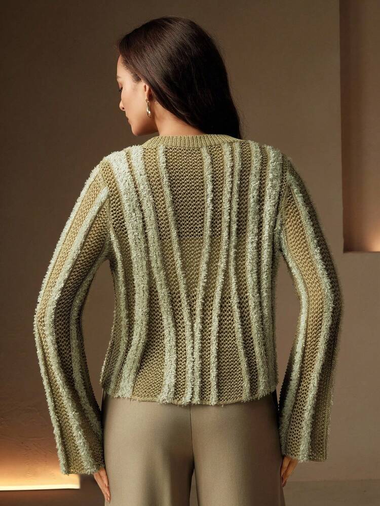 Women's Long Sleeve Single-Breasted Striped Hollow Out Knitted Cardigan