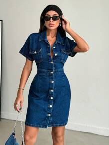 EURMUSE Summer Fashion Front Button Denim Dress - Teal Blue - View 3