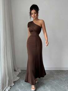 Elenzga 新款斜领荷叶边下摆不对称设计收腰优雅女士休闲度假连衣裙 - 咖啡棕 - 查看 7