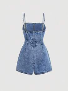 SHEIN Girlism Girls' Blue Denim Loose Strap Romper Summer World Cup Independence Day Beach Graduation - Blue - View 2