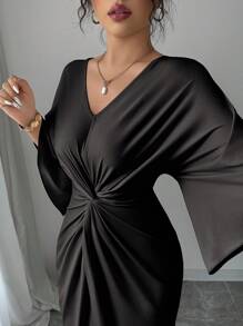 Elenzga 女士优雅针织V领扭纹设计蝙蝠袖中长连衣裙 - 黑色 - 查看 5