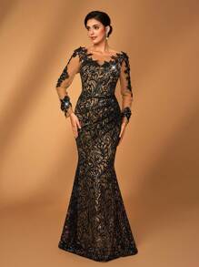 Serin Váy đuôi cá ren co giãn thêu sequin tay ảo ảnh màu đen sang trọng thanh lịch, thích hợp cho đám cưới, tiệc tùng, kỳ nghỉ, dạ hội, buổi tối, váy mẹ cô dâu - màu đen - Xem 6