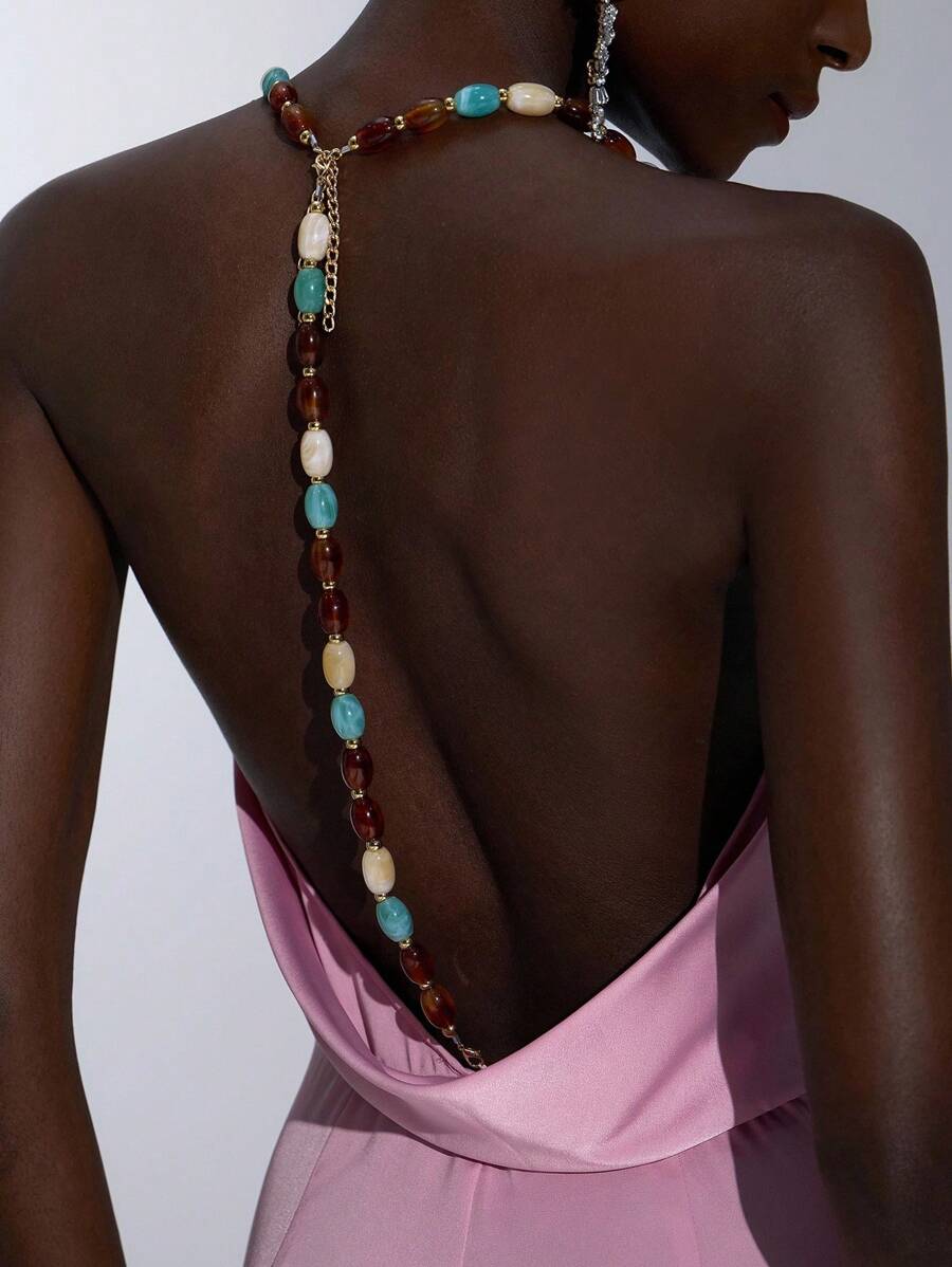 Elitara Vestido de satén tipo sirena maxi con espalda descubierta, elástico, con pliegues y cadena de perlas, elegante, lujoso y sexy, apto para boda, fiesta de solteros, vacaciones, eventos formales, soirée - Rosa - Ver 1