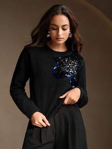 Anewsta Áo len thu đông thanh lịch, sang trọng, thêu kim sa và đính đá, cổ tròn - màu đen - Xem 6