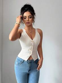 SHEIN PETITE 女士休闲V领前开襟纽扣修身薄款背心上衣优雅连体衣露胸上衣 - 杏色 - 查看 4