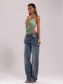 SHEIN BAE 女士夏季性感波西米亚海滩度假音乐会女士露背领带金属装饰钩针夏季上衣，女士夏季，俱乐部女士性感 - 薄荷綠 - 查看 4