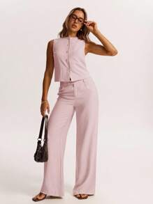 SHEIN BAE 1 chiếc áo không tay cài nút đơn giản thoải mái bằng vải lanh, thích hợp cho bữa sáng muộn, đi chơi, hẹn hò, đi làm, đi du ngoạn dành cho nữ, áo cánh dành cho nữ, mùa hè - Màu Hồng baby - Xem 7