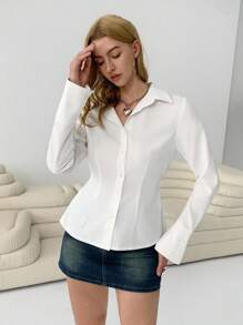 SHEIN EZwear Women's Casual Versatile Solid Color Waisted Blouse,Fall Business Casual Women Clothes - White - View 6