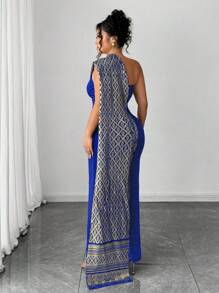 Elenzga 大码中东风格修身长款露背连衣裙 - 寶藍色 - 查看 2