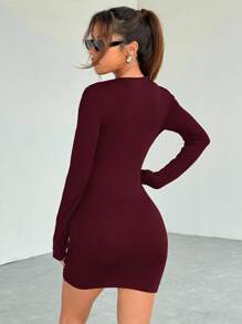 SHEIN EZwear Women's Simple Solid Color Ruched Body-Con Dress, Autumn Sexy Long Sleeve Dresslong Sleeve Claret Dress,Fall - Burgundy - View 2