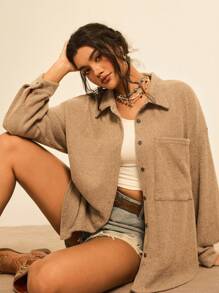 SHEIN VCAY Plus Size Women's Solid Color Drop Shoulder Long Sleeve Single Breasted Pocket Casual Shirt Oversize Shirt For Women Fall Going Out Travel Airport Button Up Shirt Women Top