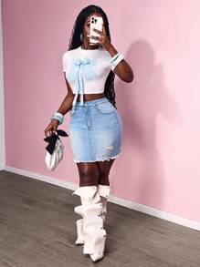 Slaydiva Casual Washed Ripped Slim Fit Denim Mini Skirt