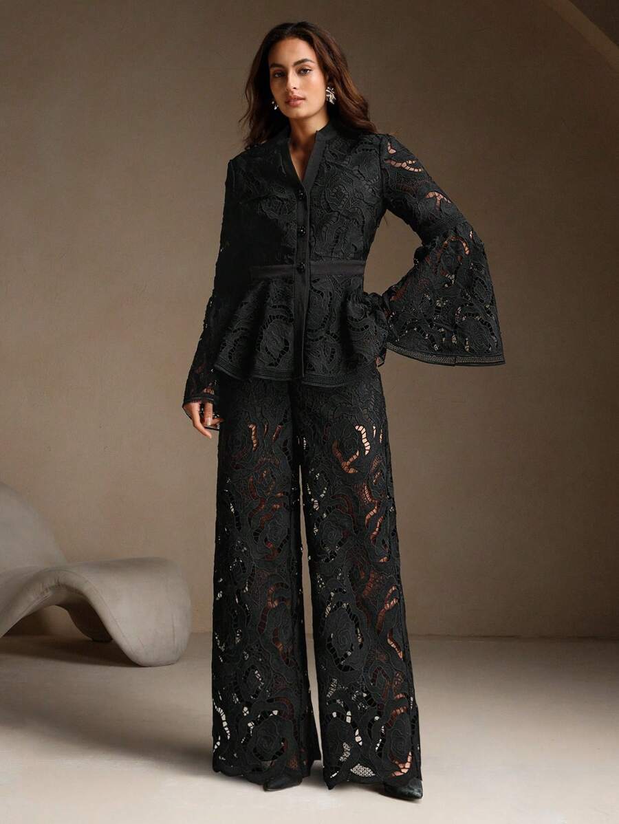 Anewsta Pantalones rectos sin estiramiento casuales y elegantes para mujer con diseño calado - Negro - Ver 1