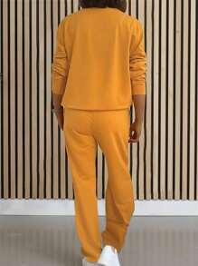 INAWLY 2pcs Women Solid Color Half Zip Jacket And Pants Set, Autumn - Yellow - View 2