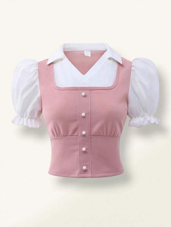 SHEIN Teen Girl's Stylish Pink Puff Sleeve Contrast Splice Shirt, Suitable For Various Occasions Such As Campus Activities, Casual Outings, Dates, Gatherings, Vacations, Etc. And Elegant, Suitable For Weddings And Wedding Guests