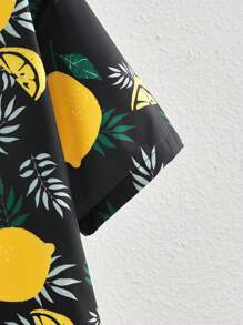 HIMLAND Camisa de manga corta con cuello de solapa estilo campamento, con estampado de limón, informal para hombres