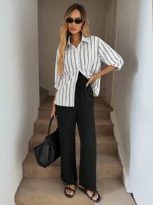 Easowa 3-Piece Black & White Plaid Set: Women Chic Sheer Blouse, Slim Fit Blazer, And Wide Leg Pants, 2024 New Collection - Multicolor - View 5