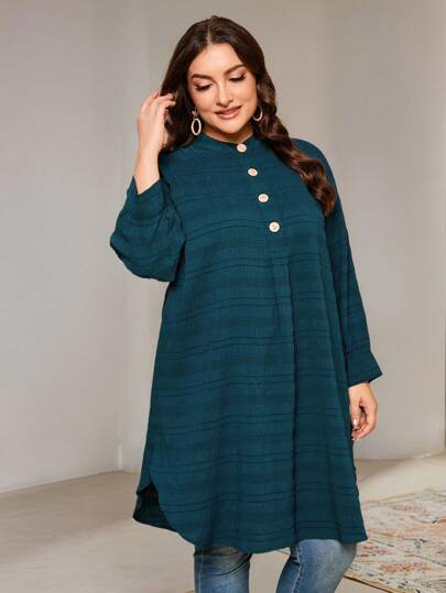 Veilorie Plus Size Striped Texture Loose Long Shirt