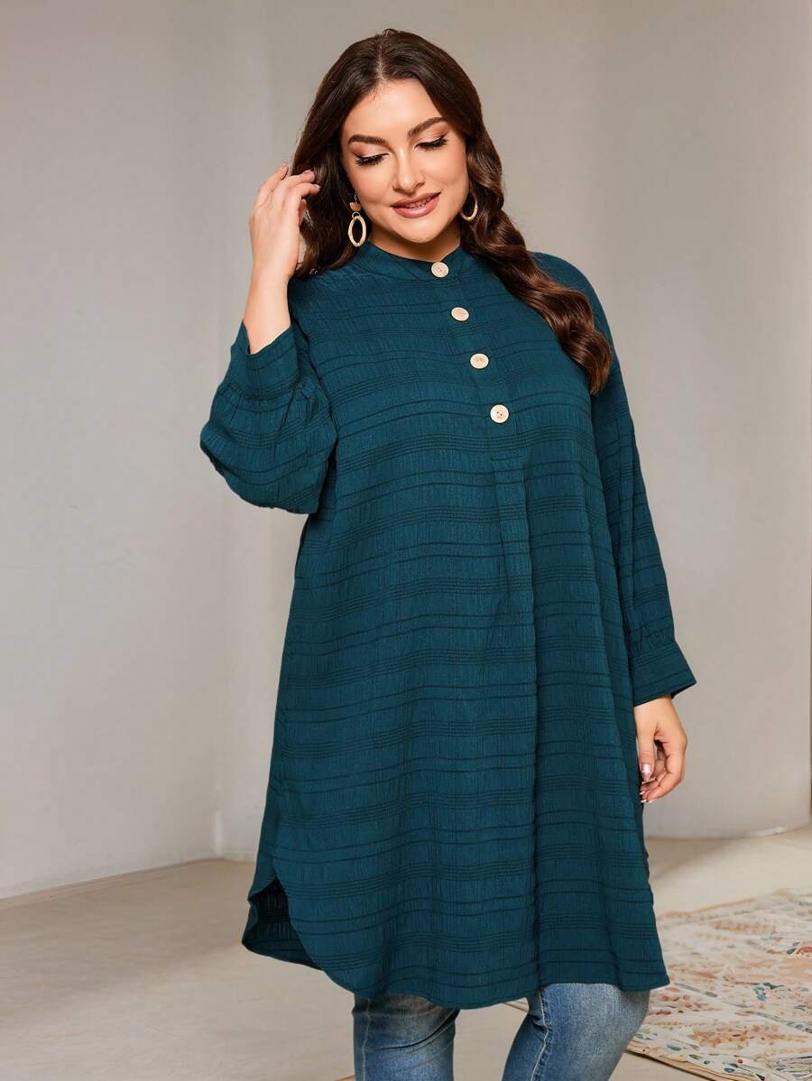 Veilorie Áo sơ mi dài rộng rãi họa tiết sọc cỡ lớn - màu xanh lá - Xem 1