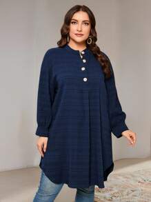 Veilorie Plus Size Women's Autumn Long Sleeve Button Half-Placket Long Loose Casual Shirt - Navy Blue - View 6