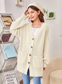 SHEIN Girls' Long Sleeve Oversized V-Neck Knitted Cardigan,In Fall/Winter - Apricot - View 5