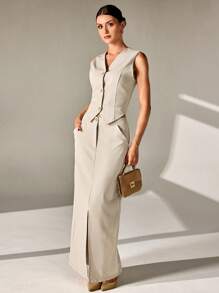 CLARA VERO Conjunto de 2 piezas de chaleco y falda larga para mujer