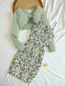SHEIN Vintaside Kids Conjunto de 2 peças de Top Crop de Manga Longa de Cor Sólida para Menina Tween e Vestido Alça Espaguete com Estampa Floral